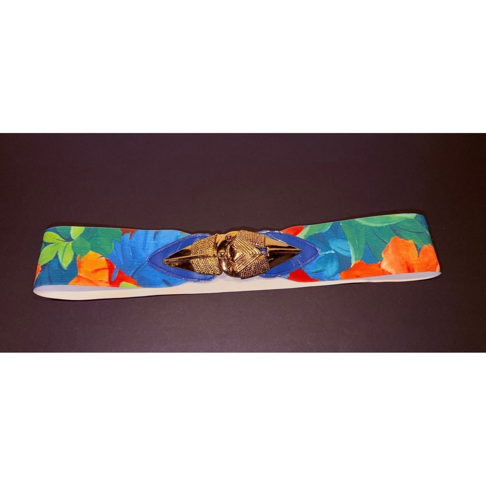 Vintage‎ 80's Tropical Floral Elastic Cinch Belt Gold Buckle XL Made in USA